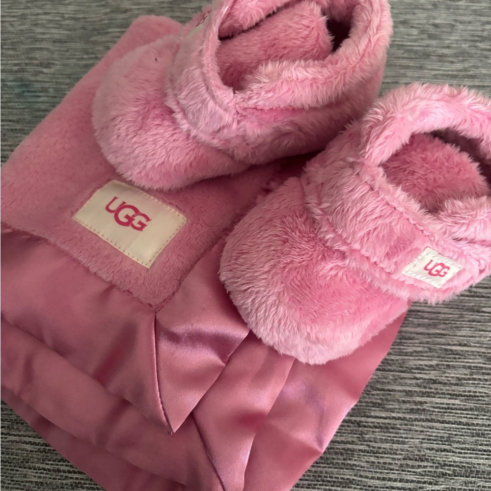 UGG Fuzzy Pink Baby Booties and Blanket